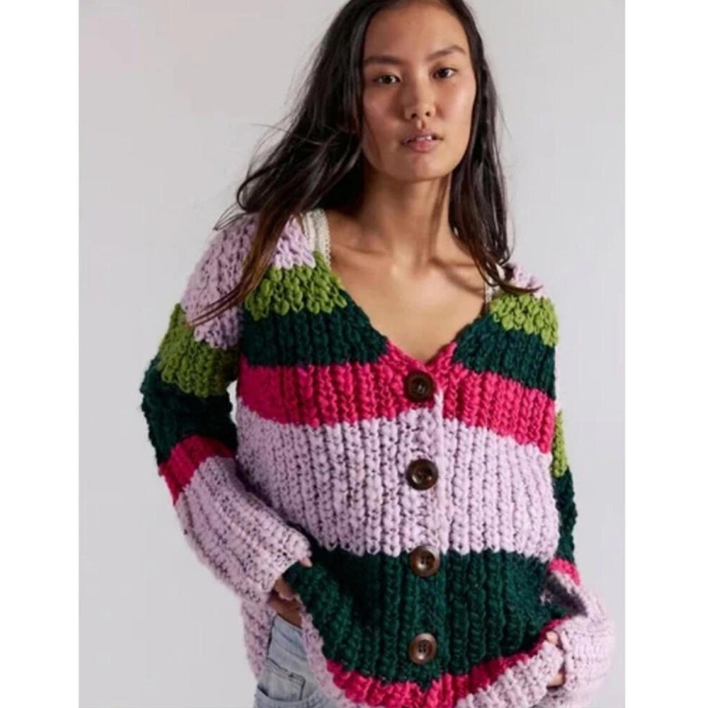 Free People Myles Stripe Cardi Button Cardigan Chunky Knit Sweater Size Medium